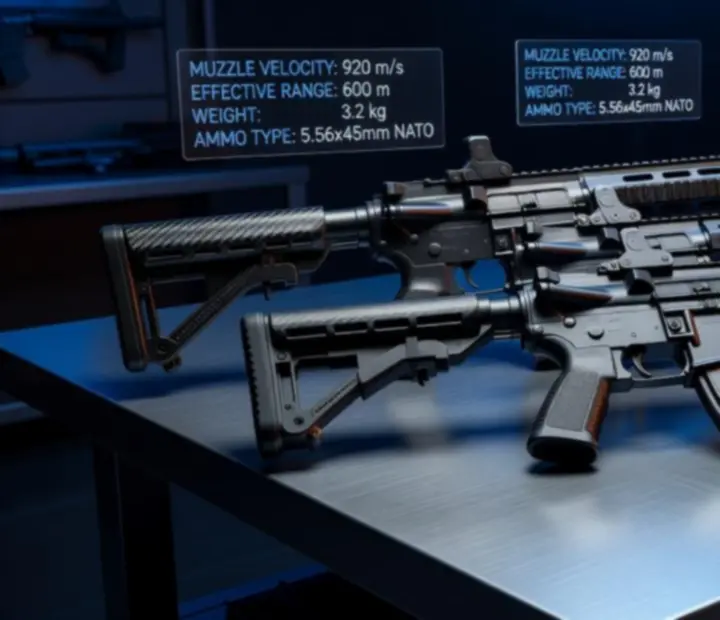 Close-up of futuristic assault rifles laid out on a tactical bench with HUD overlays