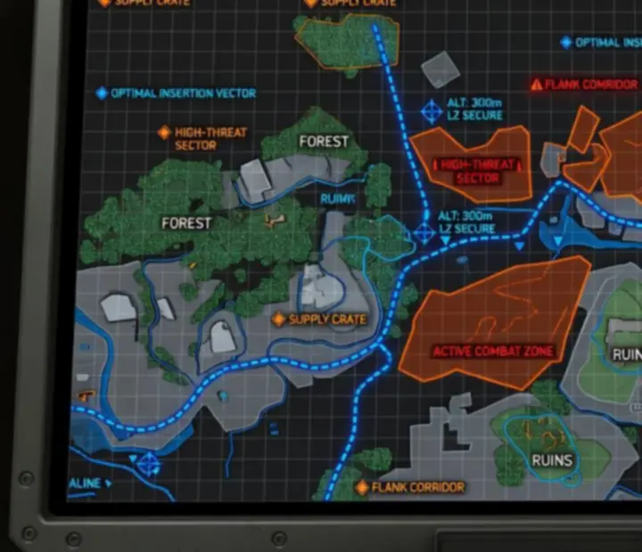 Futuristic top-down interactive style map visualization showing annotated terrain features, loot nodes, danger zones, and strategy routes