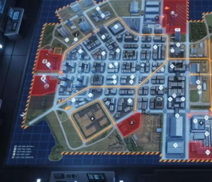 Tactical top-down view of a Call of Duty Mobile style Battle Royale operations map showing key locations, rotation paths, and engagement zones