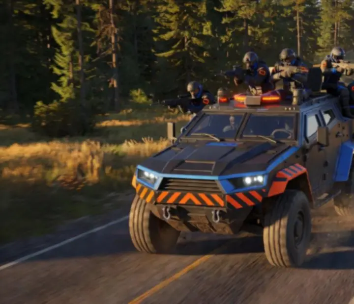 Battle Royale style tactical scene of vehicles rotating across a dark urban battlefield landscape