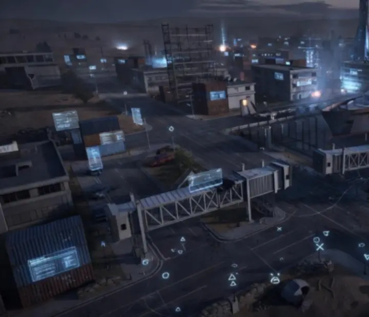 Cinematic collage of iconic multiplayer style maps with urban and industrial environments