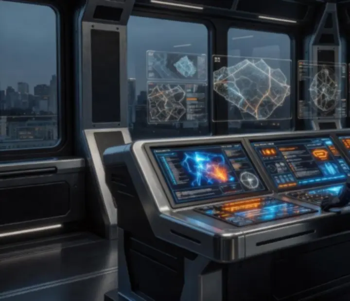 Futuristic tactical command center styled for Call of Duty: Mobile multiplayer with urban battlefield overlays