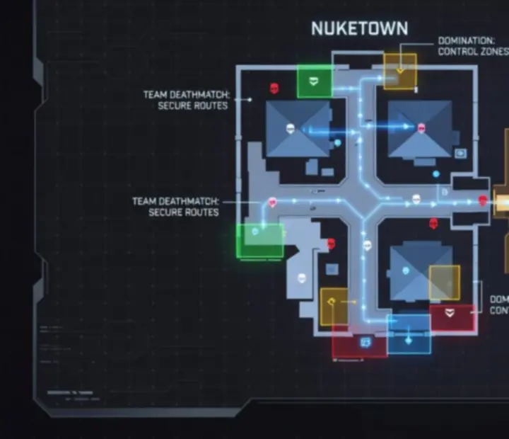 Abstract view of multiplayer modes with tactical map overlays