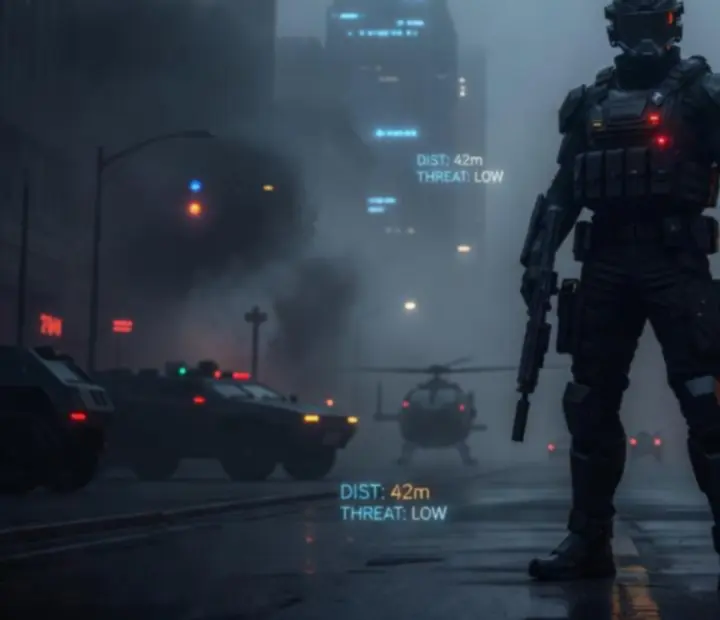 Silhouetted tactical operator standing in a futuristic Canadian urban battlefield environment
