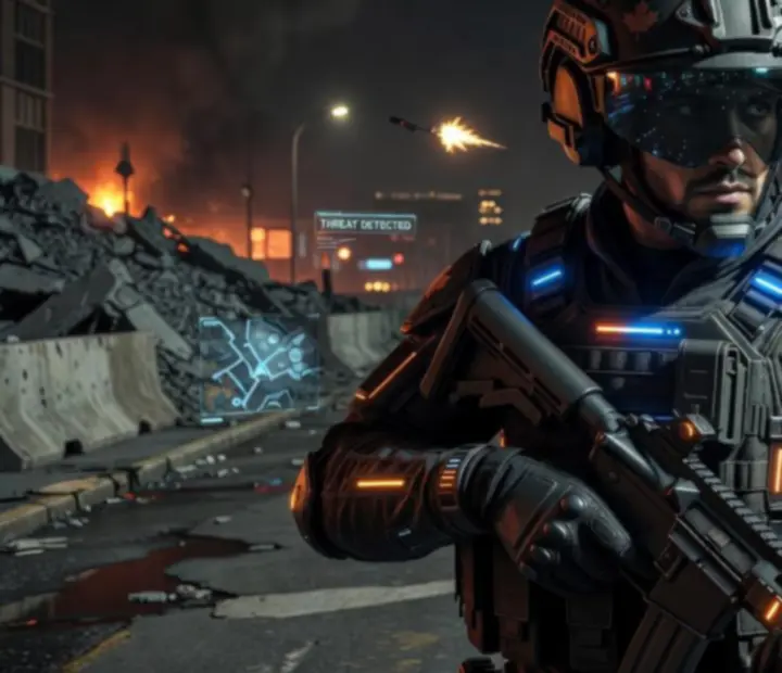 Stylized tactical operator with Canadian-themed accents on an urban battlefield