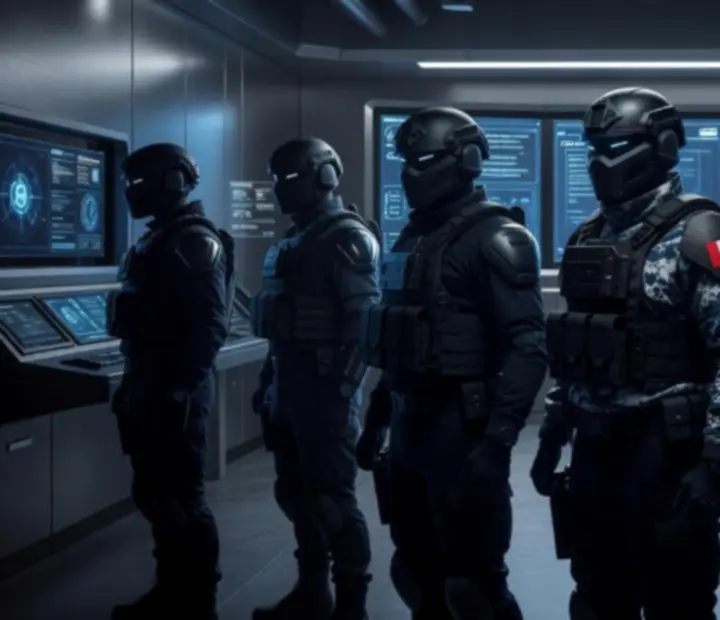 Abstract tactical silhouettes of Call of Duty: Mobile style operators on an urban battlefield