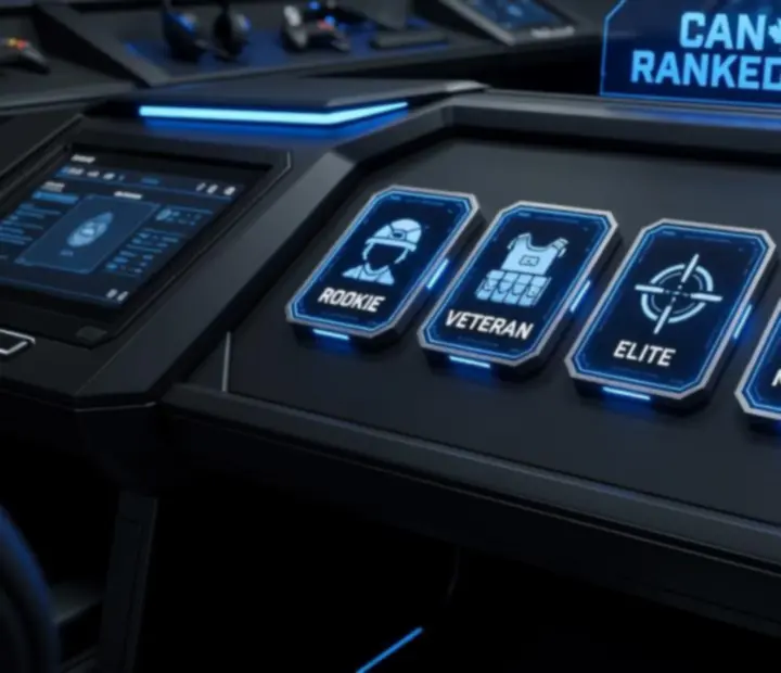 Stylized rank cards dashboard showing progression from Rookie to Legendary in COD Mobile ranked
