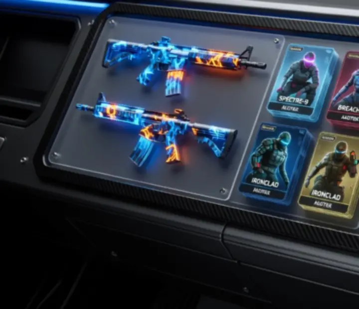 Tactical showcase of Call of Duty: Mobile seasonal rewards including weapon skins and operator cosmetics