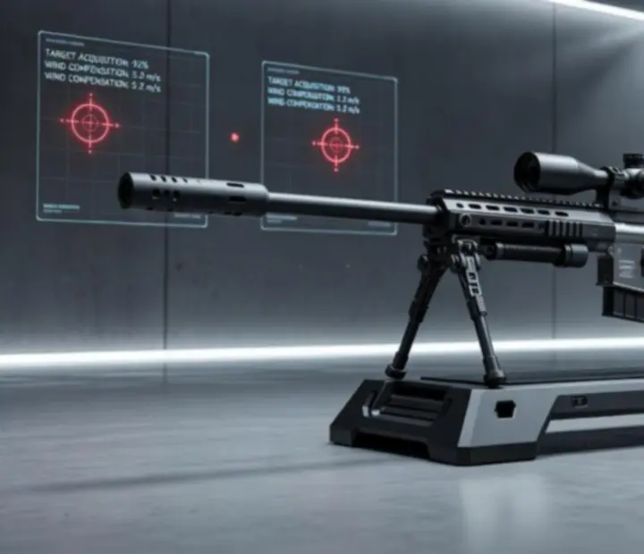 Sniper rifle on a tactical rest overlooking a futuristic urban battlefield with HUD overlays