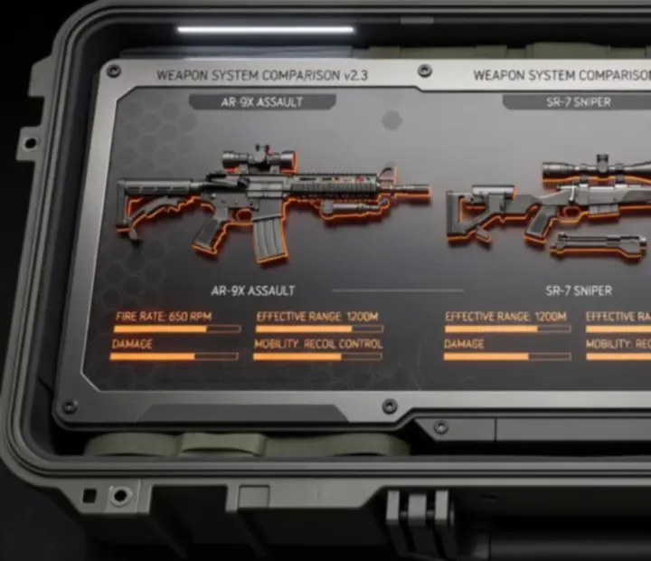 Futuristic weapon comparison data panel
