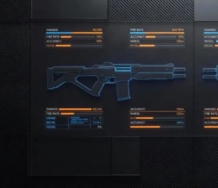 Weapon comparison stats interface showing time-to-kill, recoil, and range panels