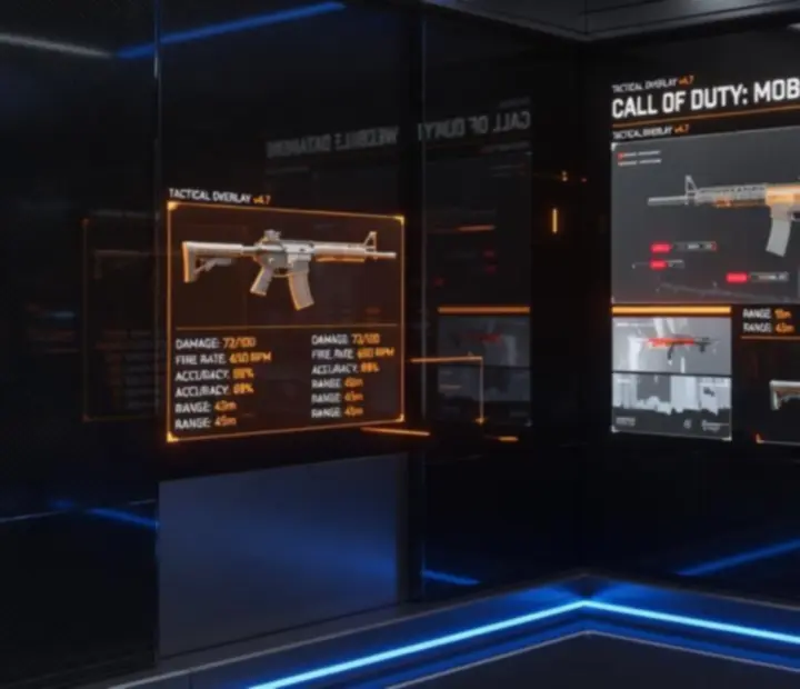 Futuristic tactical weapons command center interface with COD Mobile style assault rifles and HUD overlays